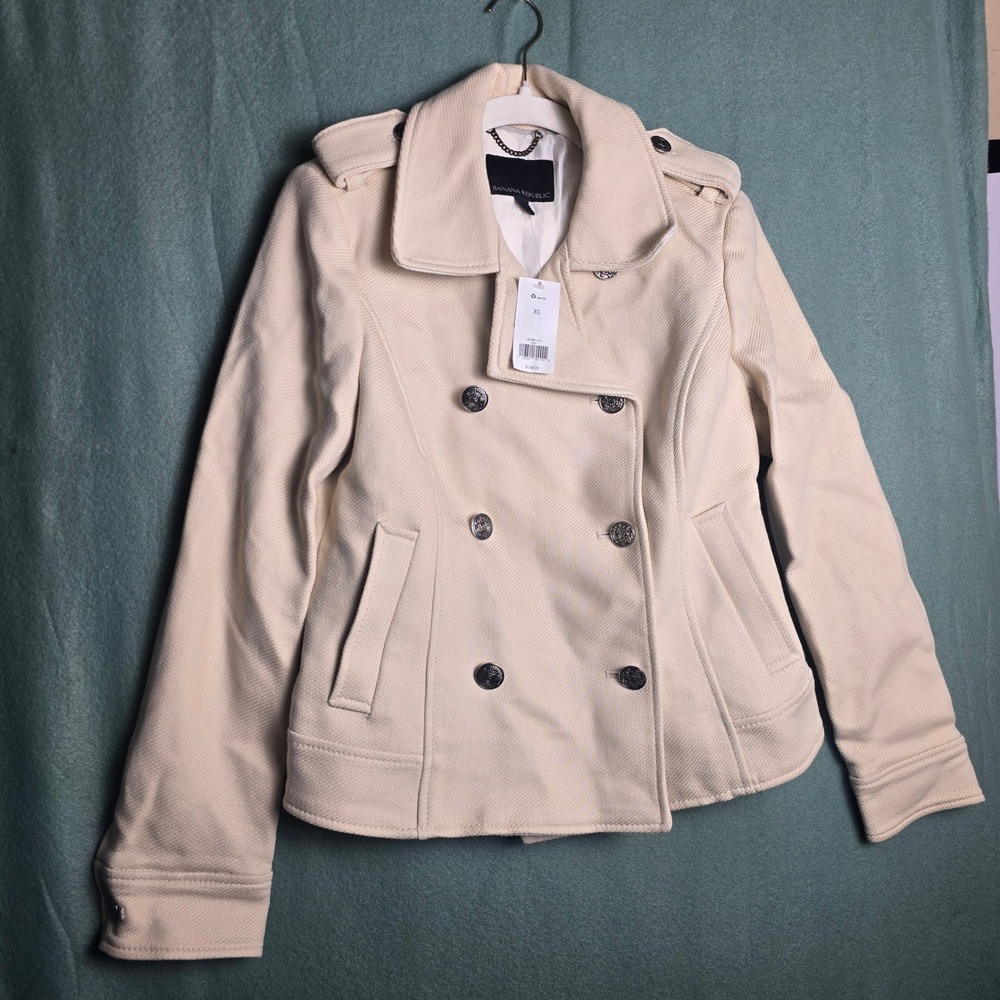 Banana Republic Cream Cotton Twill‎ Peacoat Jacket XS Off White Double Breasted